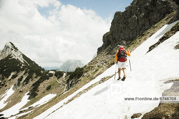 Backview of mature man hiking in mountains  Tannheim Valley  Austria