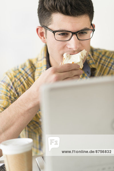 benutzen  Mann  Notebook  Sandwich  jung  essen  essend  isst