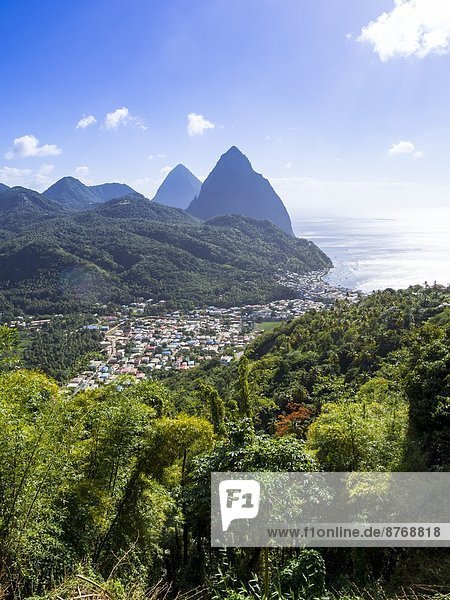 Caribbean  St. Lucia  View on Soufriere with volcanos Gros Piton and Petit Piton