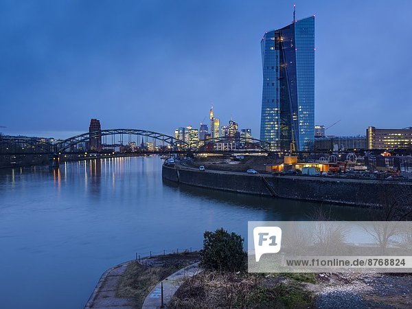 Germany  Hesse  Frankfurt Germany  View to Osthafenbruecke and financal district  ECB Building at night