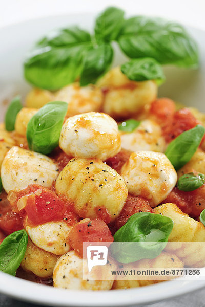 Schale mit Gnocchi mit Tomatensauce  Mozzarella-Kugeln und Basilikum  Nahaufnahme
