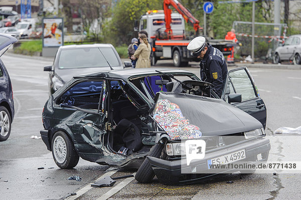 Serious accident  wreck of a VW Polo in the street  B14 road at Neckartor  Stuttgart  Baden-Württemberg  Germany