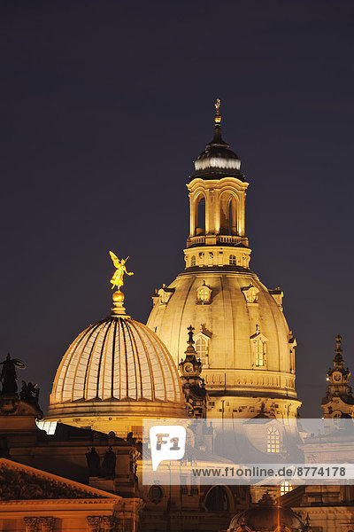 Germany  Saxony  Dresden  view to cupola of lighted Church of Our Lady by night