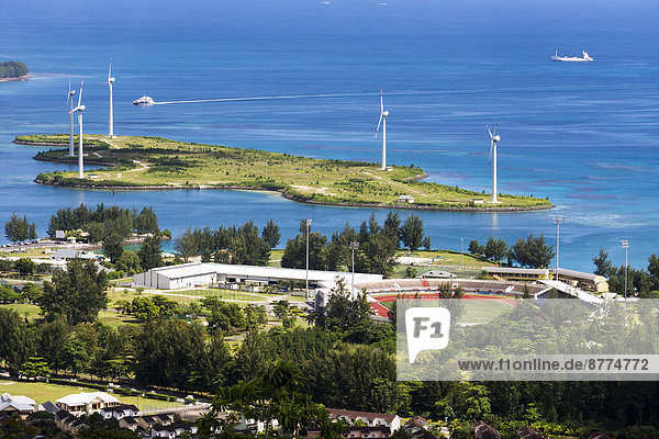 Seychelles  Mahe  Victoria  Soccer stadium and wind turbines