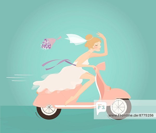 Illustration of bride throwing flower bouquet while riding scooter against blue background.