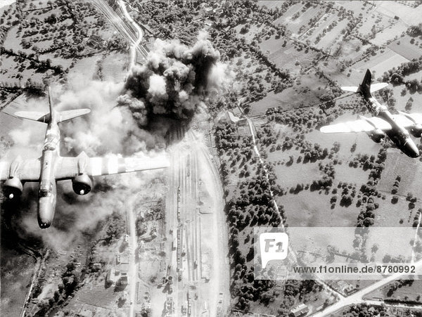 WW II  historical  war  world war  second world war  operation Overlord  Overlord  invasion  Two  2-engined  US  bombers  railroad  lines  June  1944  bomber  Douglas  A-20G Havoc  bombardment  bombing  supplies  Domfront  Normandy  France  Europe  allies  Allied Forces  D-Day