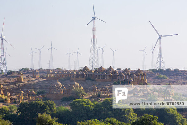Tomb  Bada Bagh  Jaisalmer  Rajasthan  Asia  India  wind turbines  energy  wind turbines  power