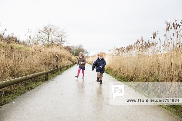 Junge Schwester und Bruder auf dem Landweg