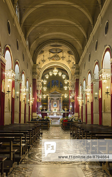 Interior view of the church of Santa Maria Maggiore with the grave of Cardinal Ippolito II d'Este underneath the high altar  Cosmati-style floor  Tivoli  Lazio  Italy