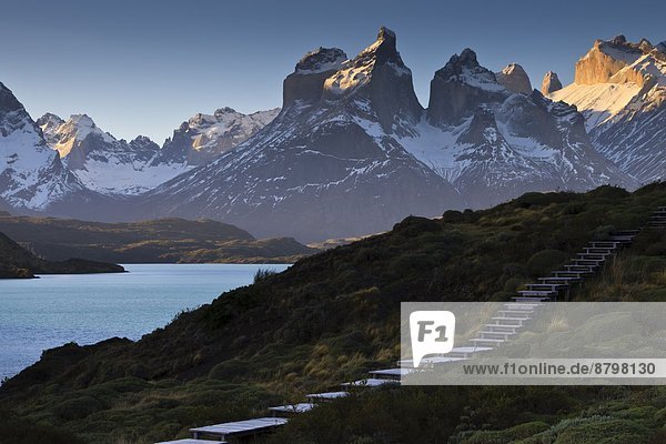 Steps  Torres del Paine at sunset  Torres del Paine National Park  Patagonia  Chile  South America