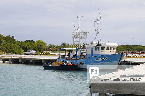 Fishing boat in harbour in Barbuda  Antigua and Barbuda  Leeward Islands  West Indies  Caribbean  Central America