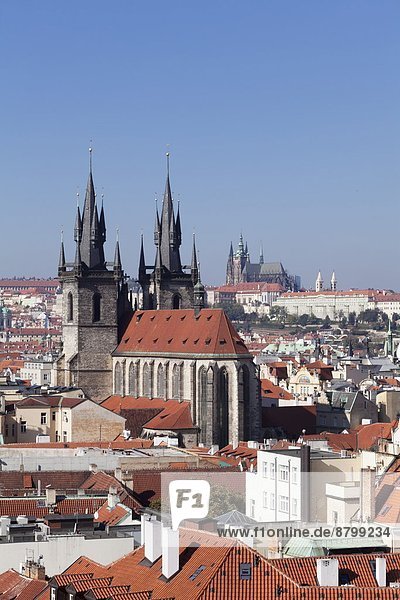 View over the Old Town (Stare Mesto) with Tyn Cathedral (Church of Our Lady Before Tyn) to Castle District with Royal Palace and St. Vitus Cathedral  Prague  Bohemia  Czech Republic  Europe