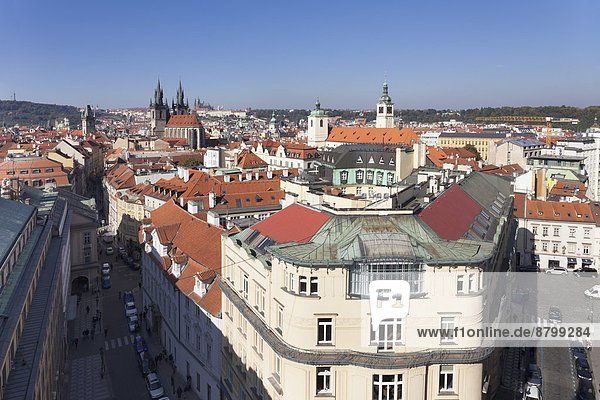 View over the Old Town (Stare Mesto) with Old Town Hall  Tyn Cathedral to Castle District with Royal Palace and St. Vitus cathedral  Prague  Bohemia  Czech Republic  Europe
