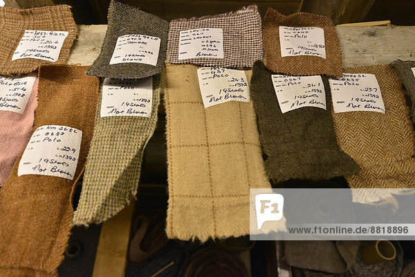 Harris Tweed  samples and colour patterns in the Loom Centre  Stornoway  Isle of Lewis and Harris  Outer Hebrides  Scotland  United Kingdom