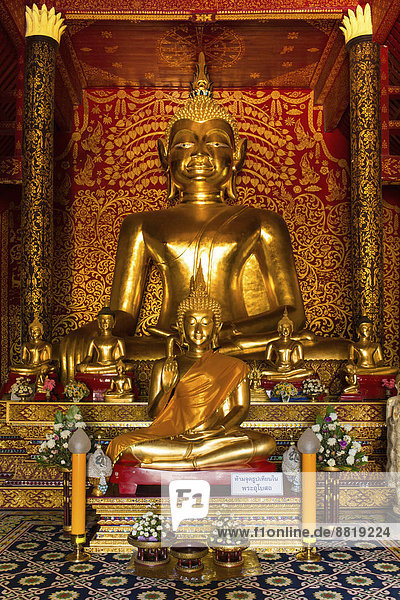 Goldene Buddha-Statuen im Viharn des Wat Doi Ngam Muang  Chiang Rai  Provinz Chiang Rai  Nordthailand  Thailand