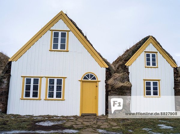 Dach Europa Winter Tradition offen Gebäude Museum Himmel Torf Februar Island Nordeuropa