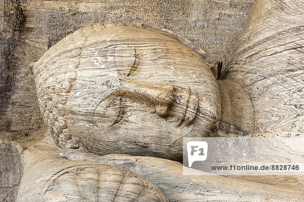 Kopf und Gesicht einer liegenden Buddha-Statue  Sayana Mudra  Felsrelief  Gal Vihara Tempel  Polonnaruwa  Nord-Zentralprovinz  Sri Lanka