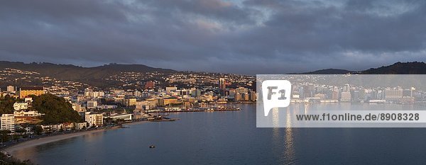 Panorama Hafen Wellington Hauptstadt Großstadt Pazifischer Ozean Pazifik Stiller Ozean Großer Ozean Morgendämmerung neuseeländische Nordinsel Neuseeland