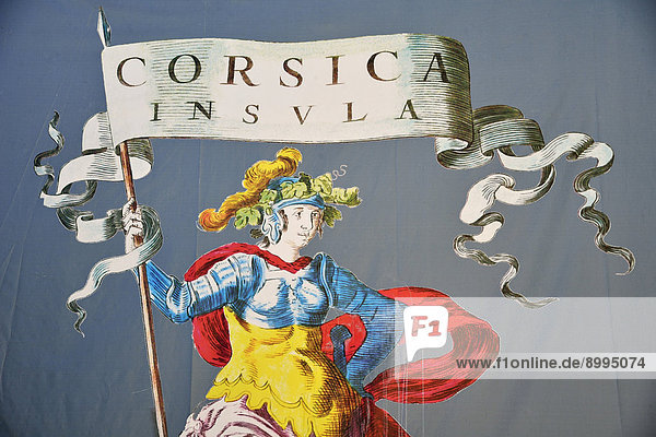 Wandmalerei mit Frauenfigur und Flagge mit der Aufschrift Corsica Insula Corte Korsika Frankreich