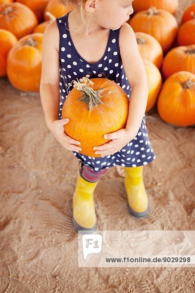Girl picking pumpkin