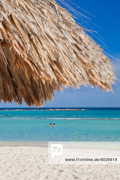 Zwei Personen schwimmen vor Palm Beach  Aruba  Kleine Antillen  Karibik