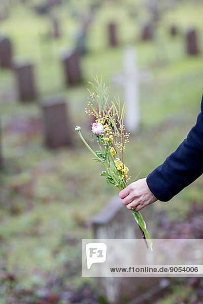 Womans hand holding flowers on cemetery  Skogskyrkogarden  Stockholm  Sweden