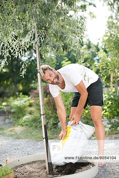 Man putting soil under tree  Stockholm  Sweden