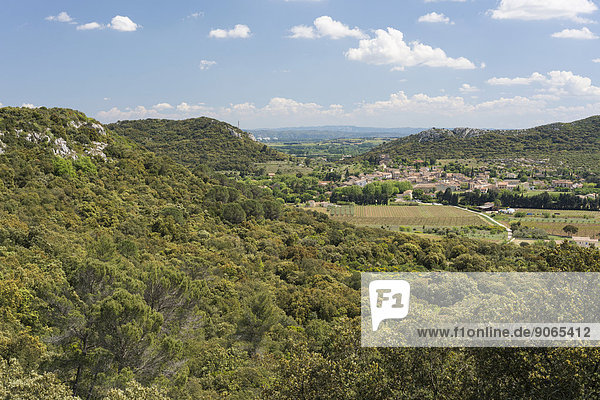 Typische Garrigue-Landschaft in Südfrankreich  Fernwanderweg GR6  hier zwischen Saint-Bonnet-du Gard  hinten  und Pont du Gard  Département Gard  Languedoc-Roussillon  Frankreich