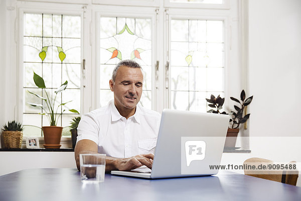 Portrait of smiling man using laptop at home
