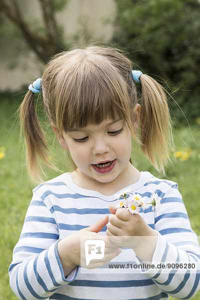 Portrait of little girl holding daisies in her hands