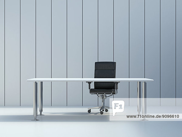 Bürostuhl und Konferenztisch vor grauer Wandplatte  3D-Rendering