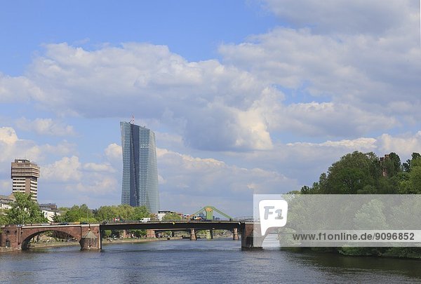 Eurotower and old bridge Muellermain  Frankfurt am Main  Hesse  Germany  Europe
