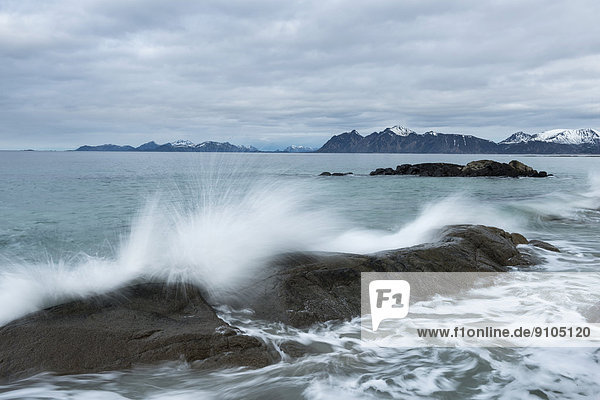 Wellen brechen an Felsen  Vågan  Lofoten  Norwegen