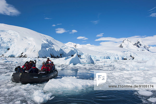 Tourists in a zodiac  Cierva Cove  Chavdar Peninsula  Antarctica