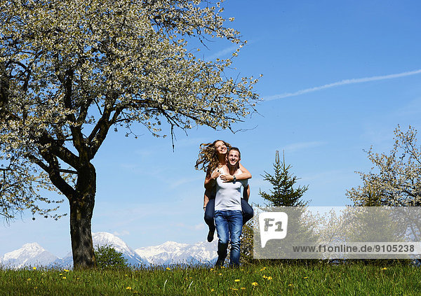 Man carrying a woman  smiling  in front of a flowering tree in the spring  Tyrol  Austria