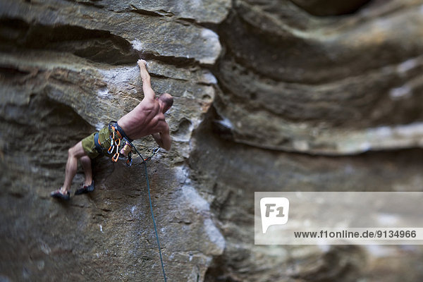 A strong male climber sport climbing RoShampo 12a  Red River Gorge  Kentucky Brown