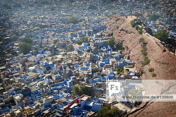 Looking down on the 'Blue City' Jodhpur from Mehrangarh Fort  Rajasthan State  India