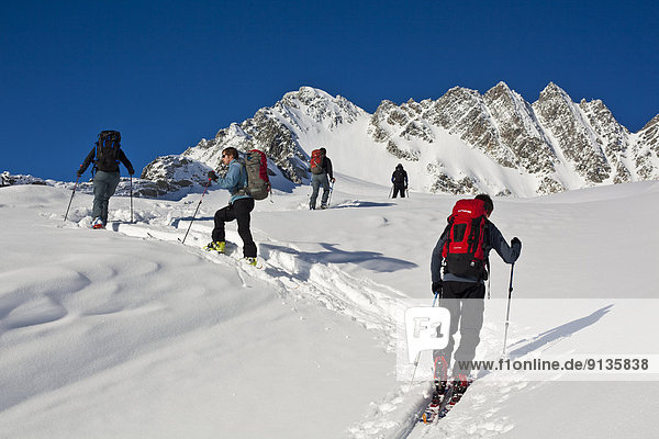 A group of ski tourers at Roger's Pass heading towards the Swiss Peaks  Glacier National Park  BC