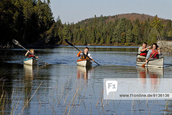 Family canoeing on Source Lake  Algonquin Park  Ontario  Canada.