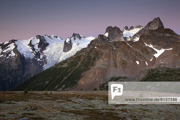 The Hound's Tooth  Snowpatch Spire  Bugaboo Spire  Howser Towers and Bugaboo Glacier at sunrise  Bugaboo Provincial Park  British Columbia  Canada
