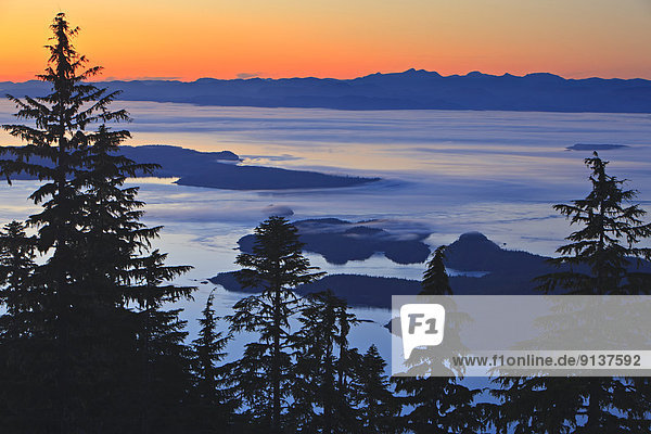 Berg  Küste  Nebel  Insel  Ansicht  Königin  kriechen  robben  Malcolm Island  britisch  British Columbia  Kanada  Donegal  Abenddämmerung  Meerenge  Dämmerung  Vancouver