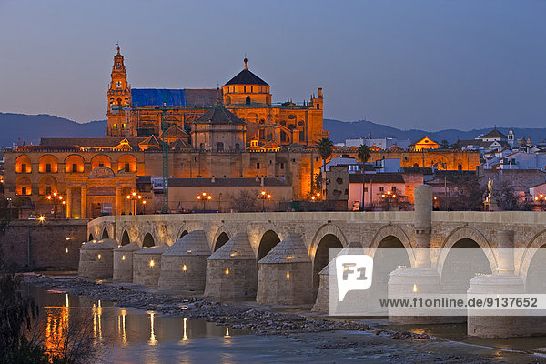spannen  Europa  Großstadt  Brücke  Fluss  Kathedrale  UNESCO-Welterbe  Abenddämmerung  Guadalquivir  La Mezquita  Moschee  Spanien