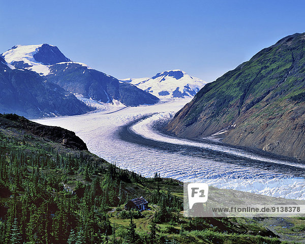 A landscape image of the eastern arm of the Salmon Glacier in northern British Columbia  snaking its way between the tall coastal mountains with an old abandoned miners cabin in the foreground.