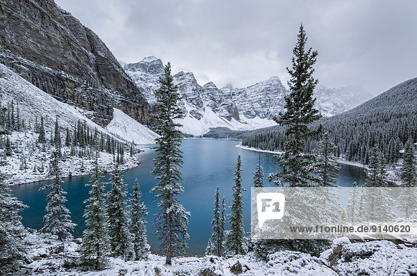 Moraine Lake and the Valley of the Ten Peaks after a snow storm. Banff National Park  Alberta  Canada.