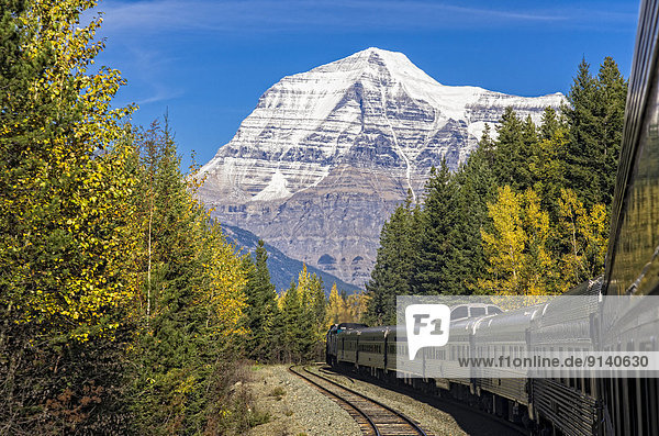 Passenger train with Mount Robson  the highest peak in the Canadian Rockies at 12 972 feet. British Columbia  Canada.