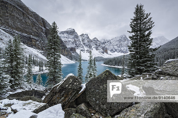 Moraine Lake and the Valley of the Ten Peaks after a snow storm. Banff National Park  Alberta  Canada.