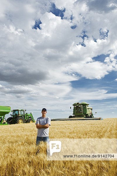 Young farmer in his mature durum wheat field during the harvest  grain wagon and combine in the background  near Ponteix  Saskachewan  Canada