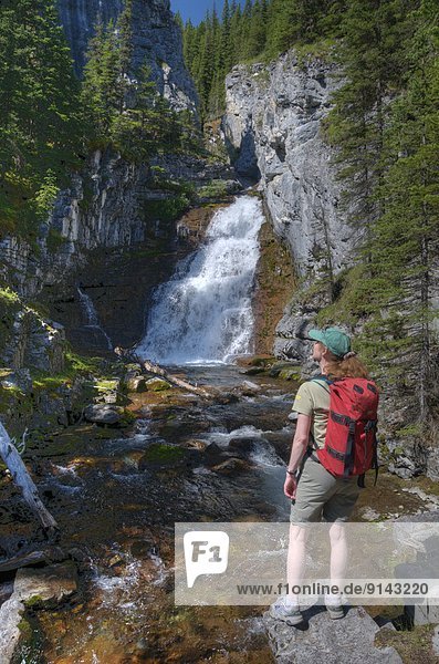 Female hiker at waterfall  Ribbon Creek  Kananaskis Country  Alberta  Canada