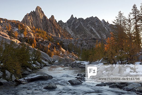 Prusik Peak from Outflow of Sprite Lake at Sunrise  Enchantments Basin  Alpine Lakes Wilderness  Washington State  United States of America