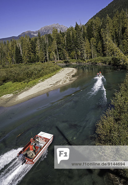 Jet boat  Mitchell River  Cariboo Mountains  British Columbia  Canada